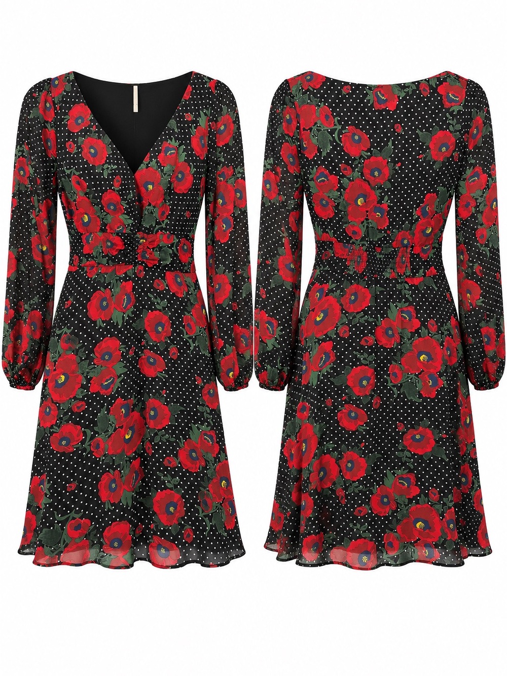 Free People Black Dress with Red Floral Print and Green Leaves